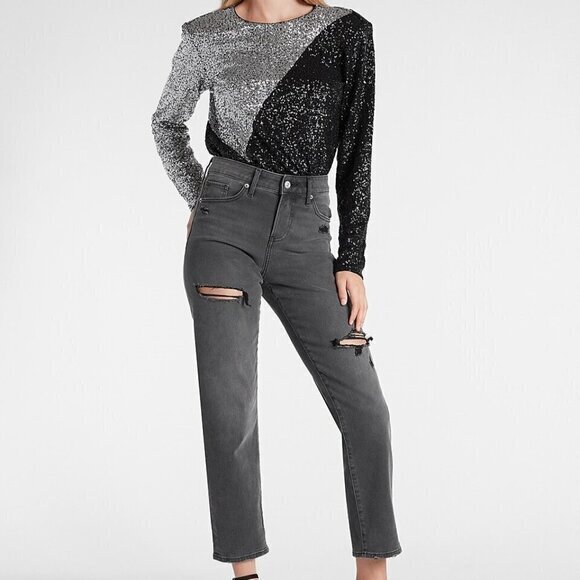 NWT Express Color Block Sequin Strong Shoulder Thong Bodysuit sz XXS - Picture 2 of 15